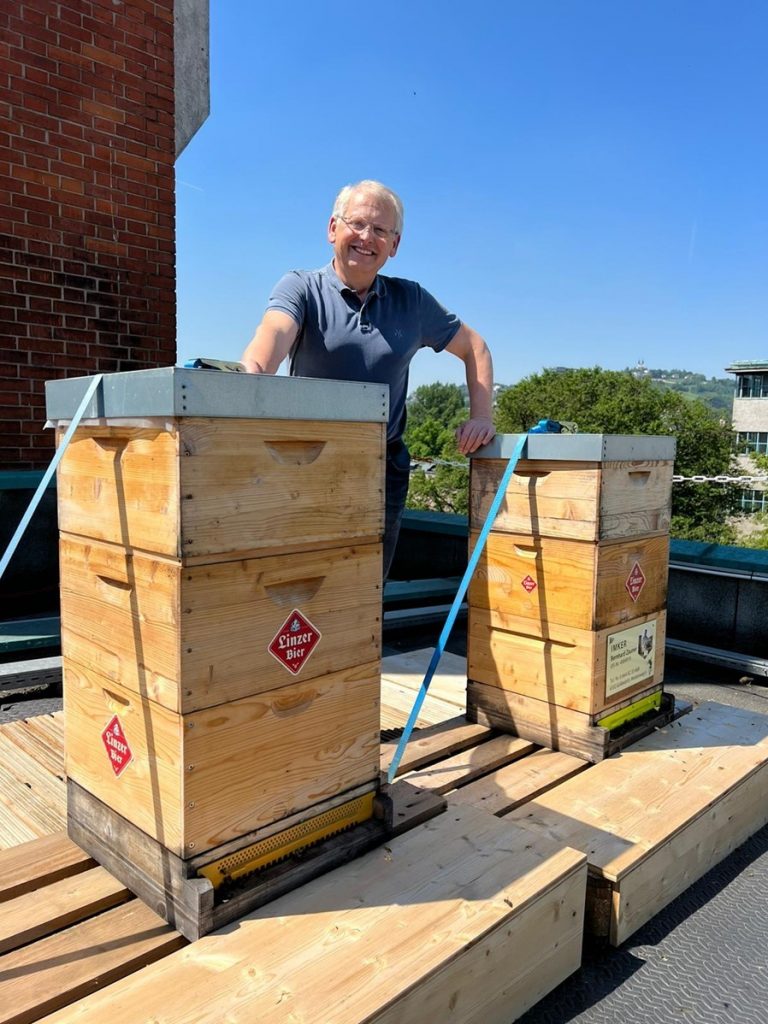 Eine Person am Dach der Brauerei Linzer - Bienenrettung