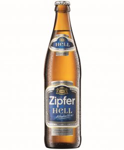 Eine Flasche Zipfer Hell Alkoholfrei