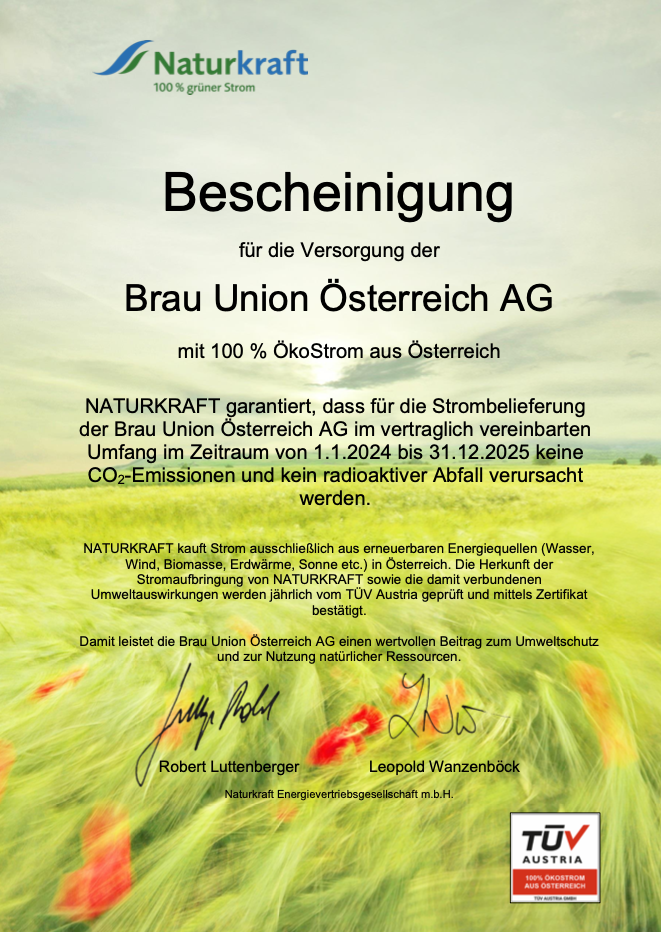 Eine Bescheinigung für die Versorgung der Brau Union Österreich AG
